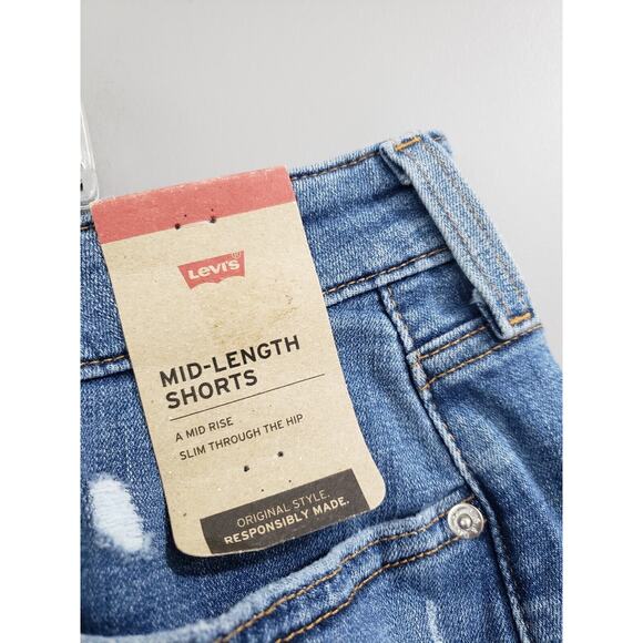NEW Levis Blue Mid Length Mid Rise Classic Denim Shorts Size 24W Distressed - Picture 2 of 5